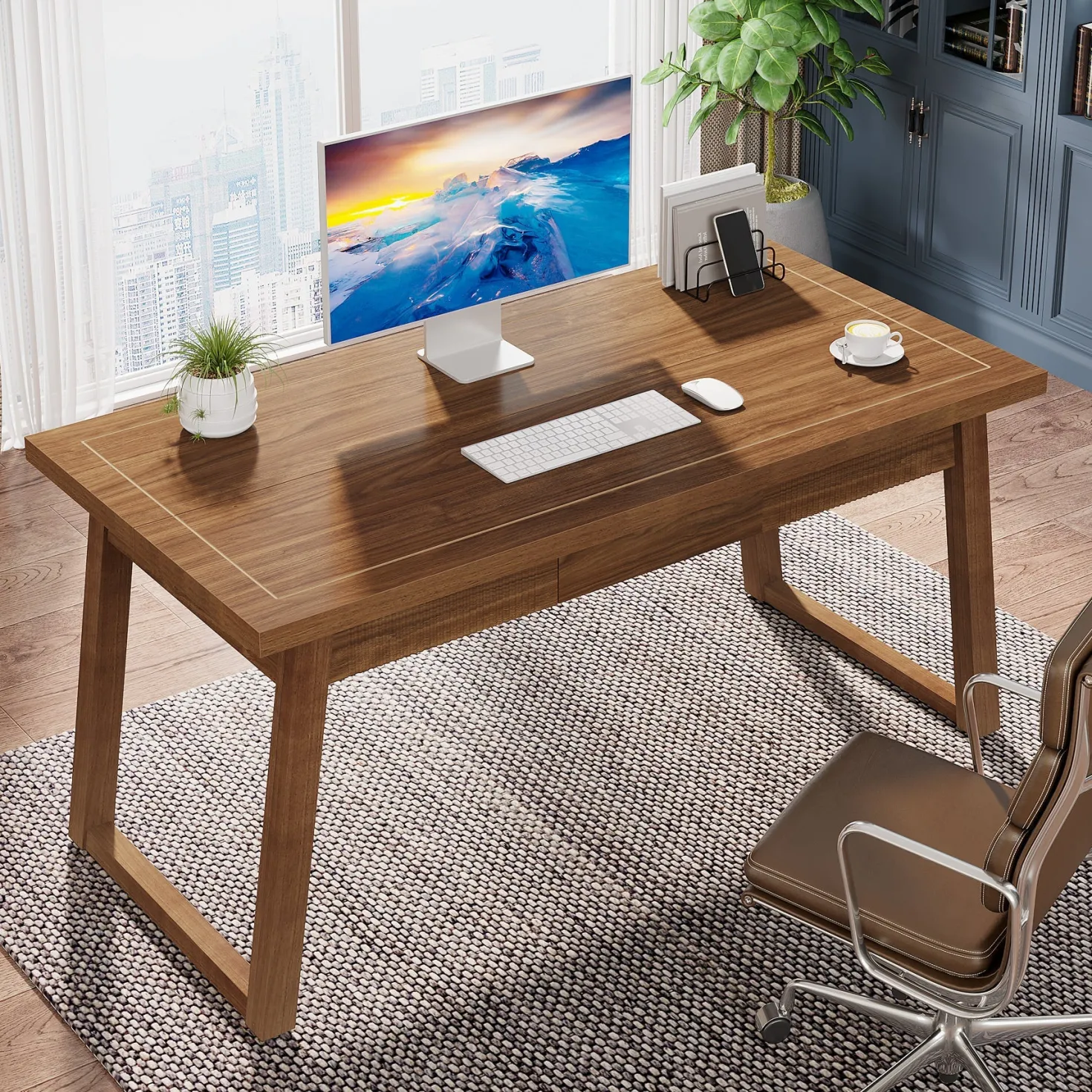 55" Wood Computer Desk, Mid-Century Modern Study Writing Table with Drawer