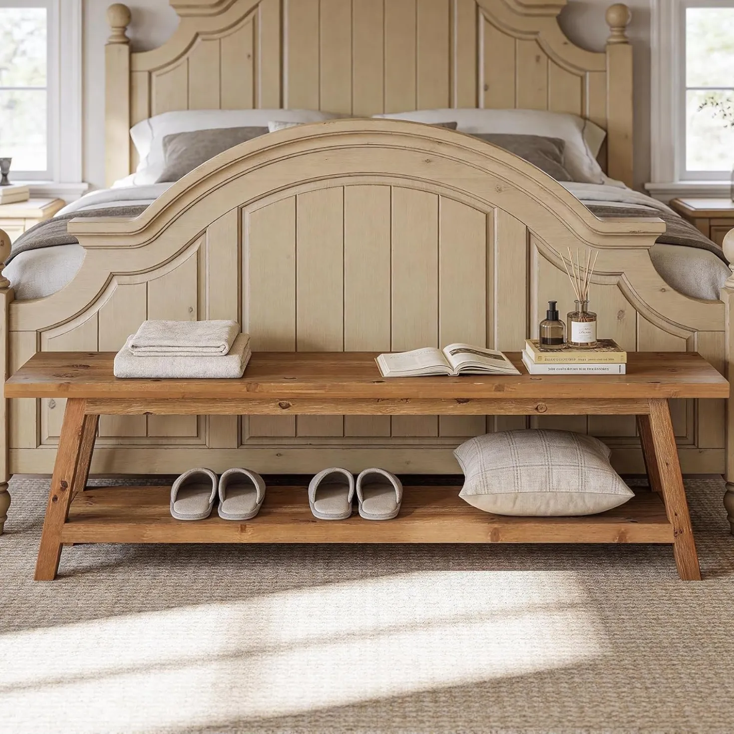 63" Wood Dining Room Bench, Farmhouse Kitchen Bench Seating with Storage Shelf