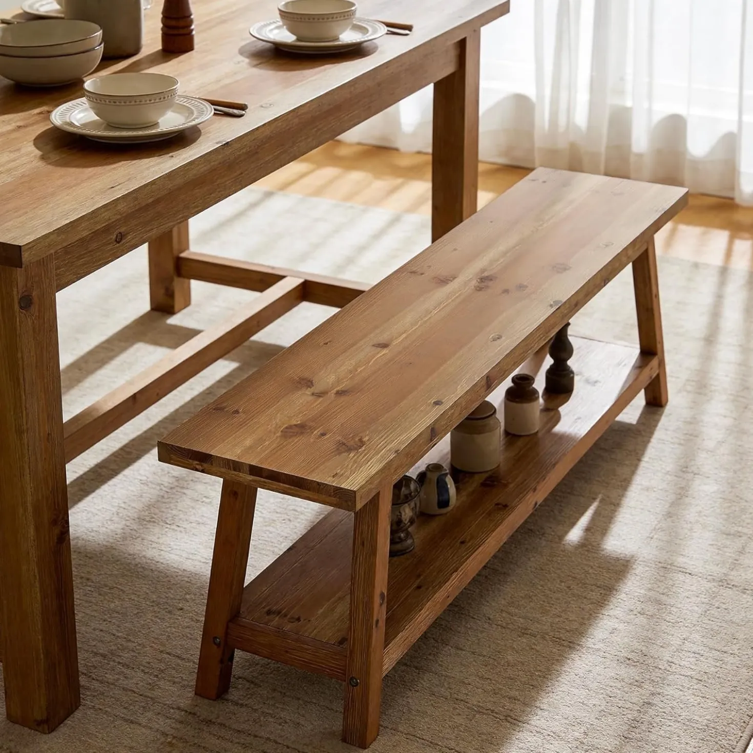 63" Wood Dining Room Bench, Farmhouse Kitchen Bench Seating with Storage Shelf