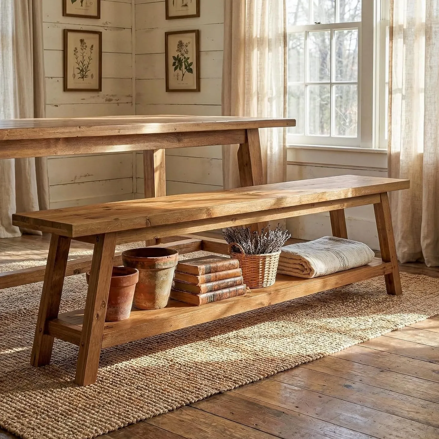 63" Wood Dining Room Bench, Farmhouse Kitchen Bench Seating with Storage Shelf