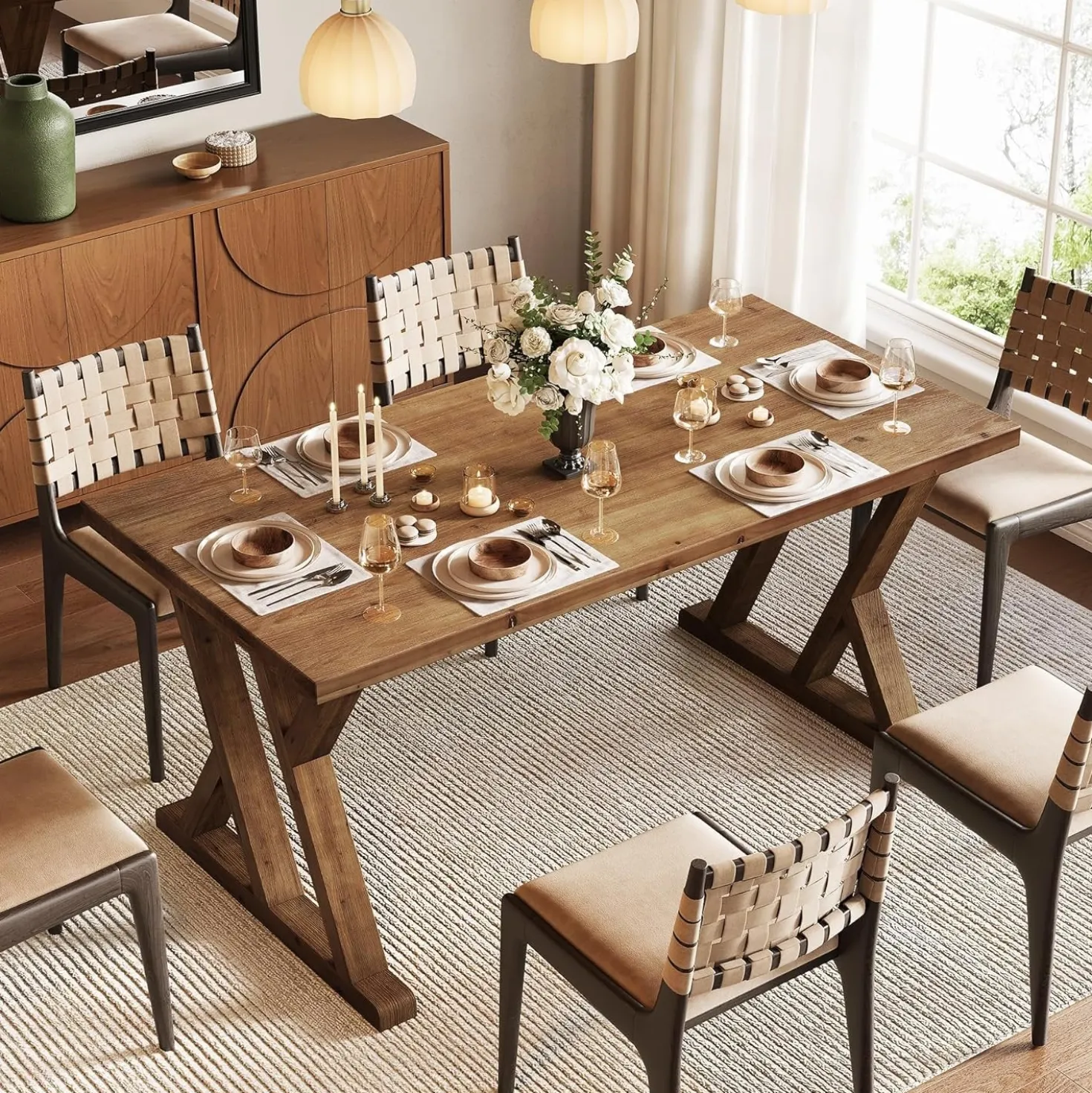 63" Wood Dining Table, Farmhouse Kitchen Dinner Table for 4-6 People
