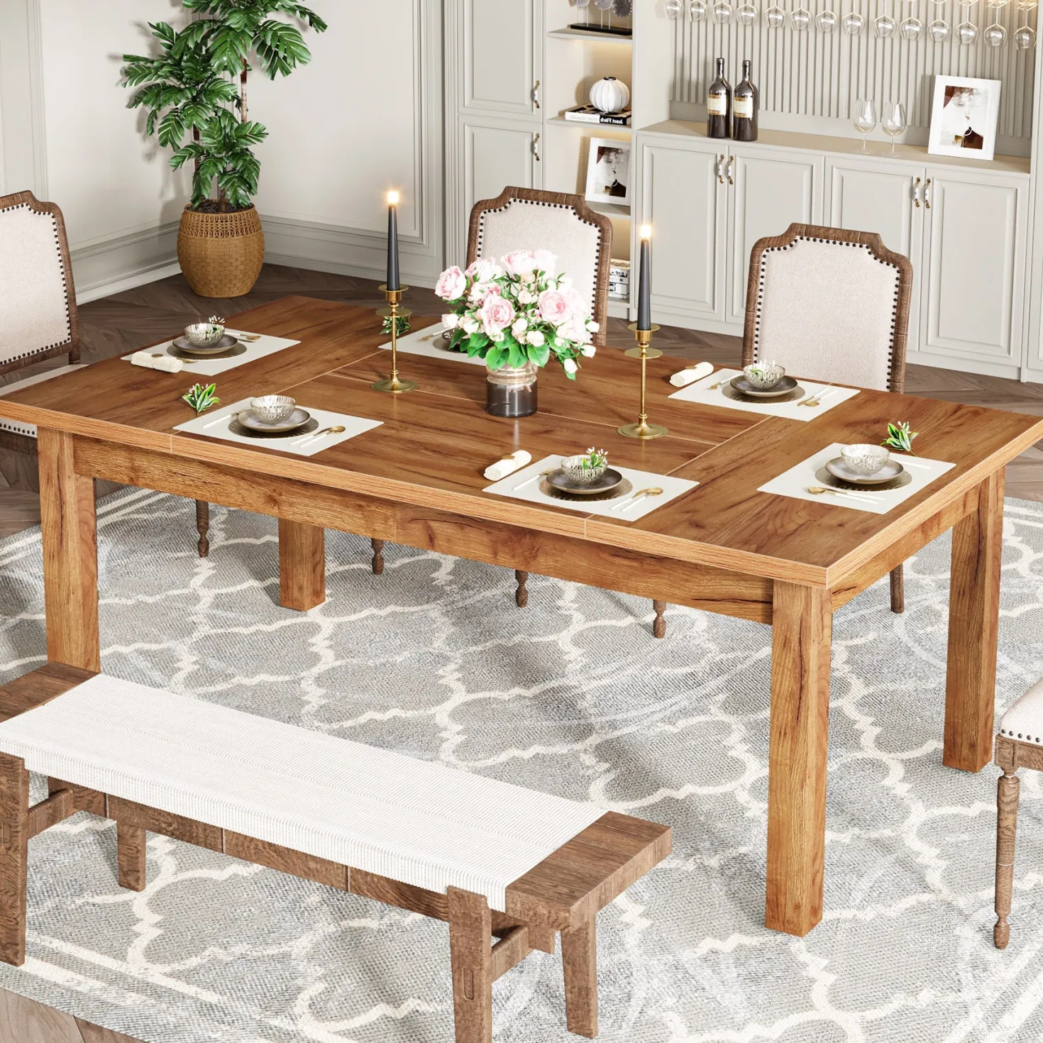 70.9" Wood Dining Table for 6-8 People, Farmhouse Breakfast Table