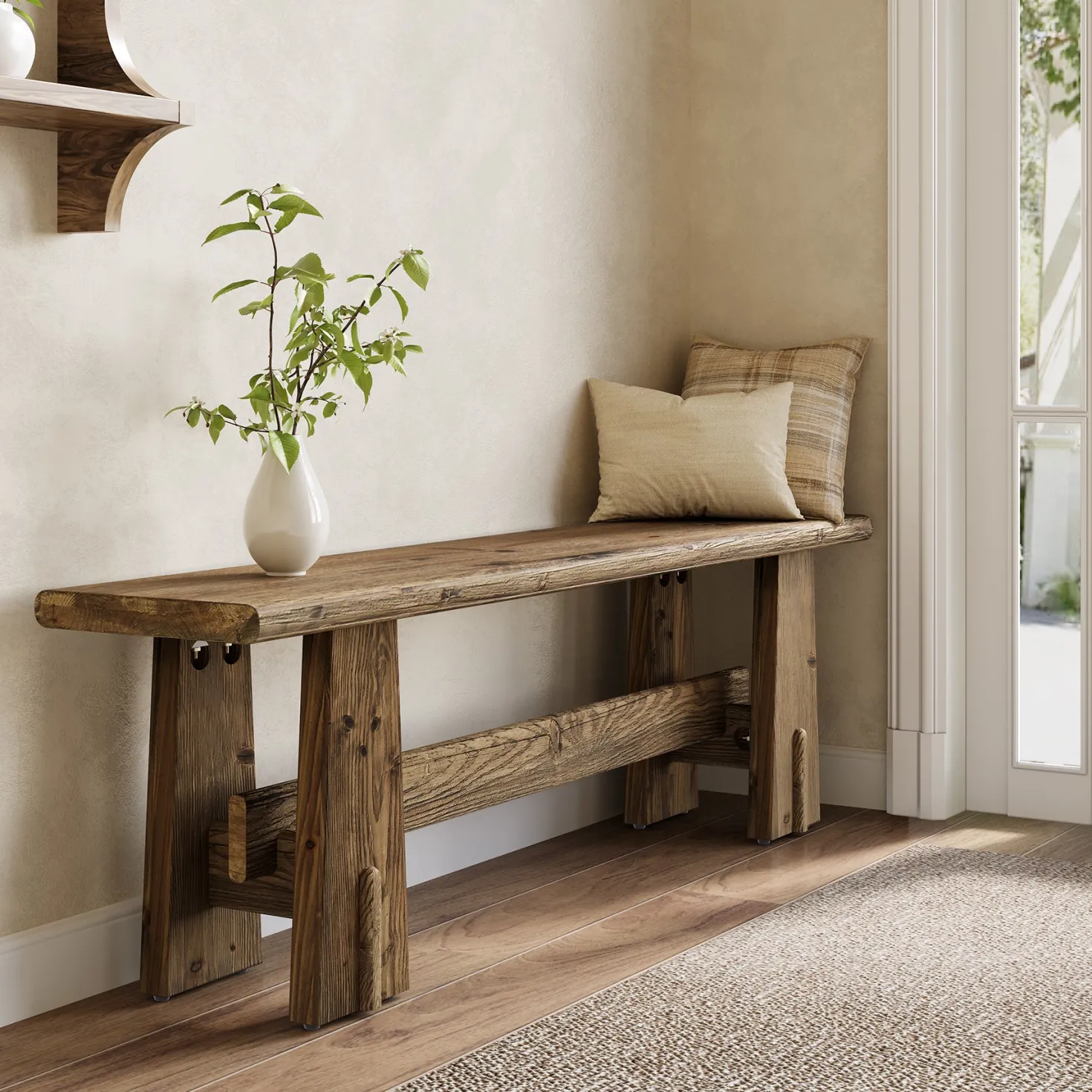 59" Wood Entryway Bench, Traditional Hallway Bench End of Bed Bench