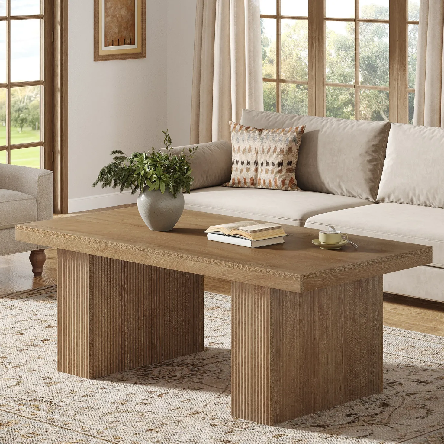 47.2" Wooden Coffee Table, Rectangle Center Table with Thick Base