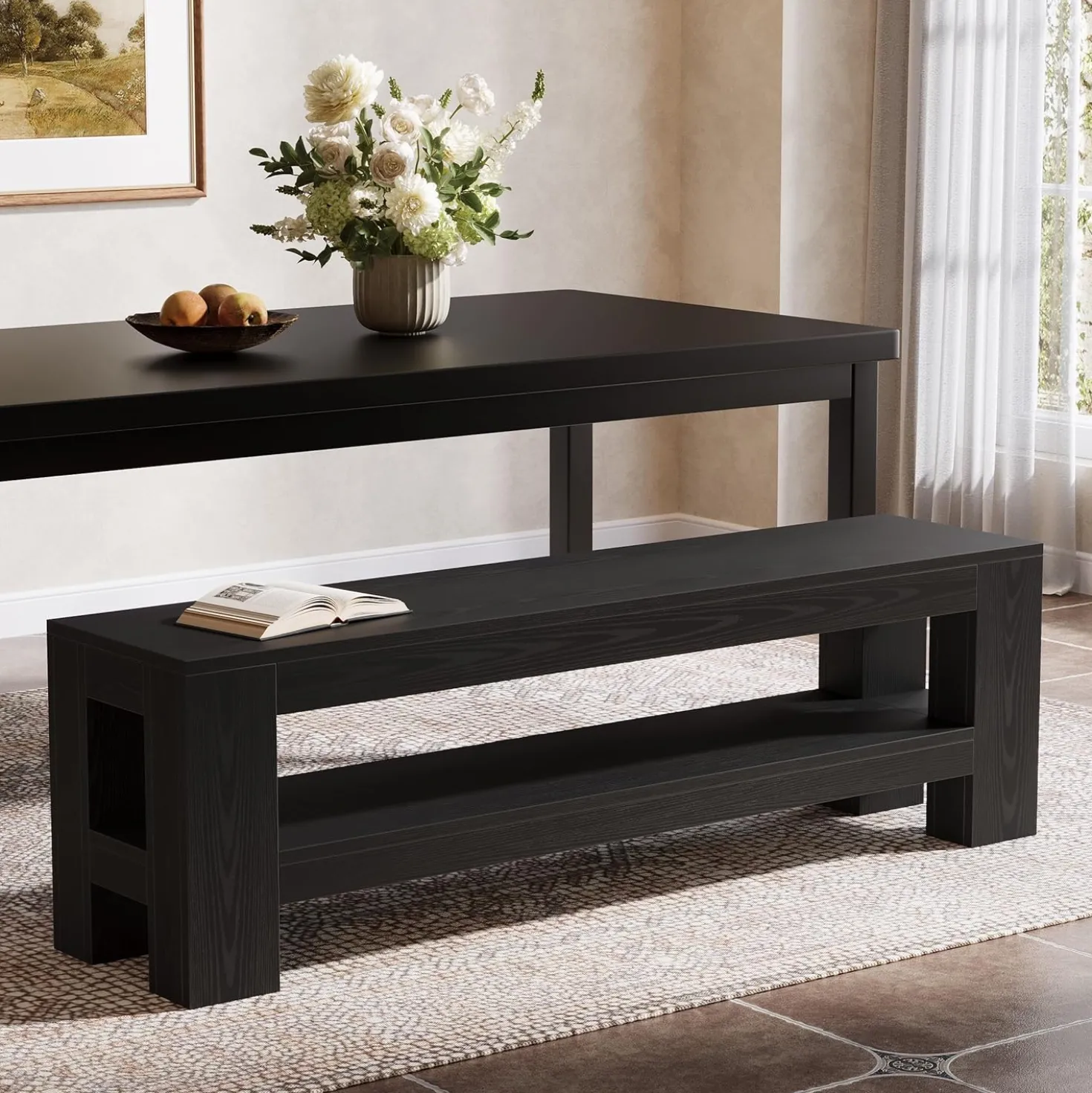 59" Wooden Dining Bench, Farmhouse Indoor Kitchen Bench with Storage Shelf