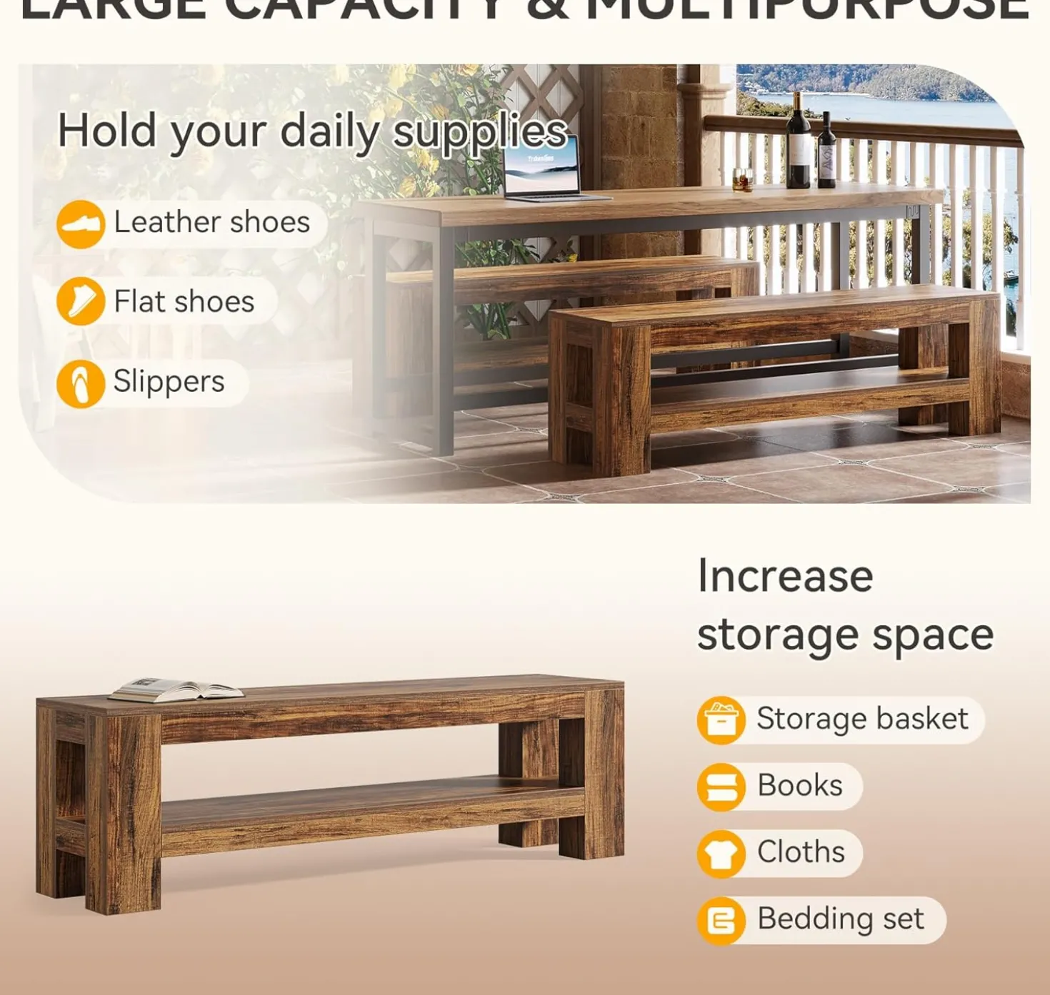 59" Wooden Dining Bench, Farmhouse Indoor Kitchen Bench with Storage Shelf