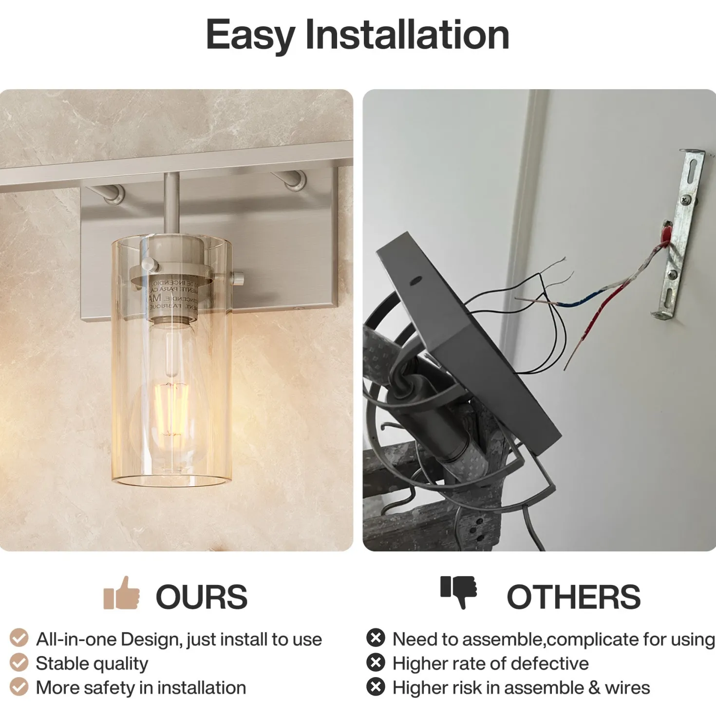 Bathroom Vanity Light Fixtures, 3-Light Wall Sconces Lighting with Clear Glass Shade