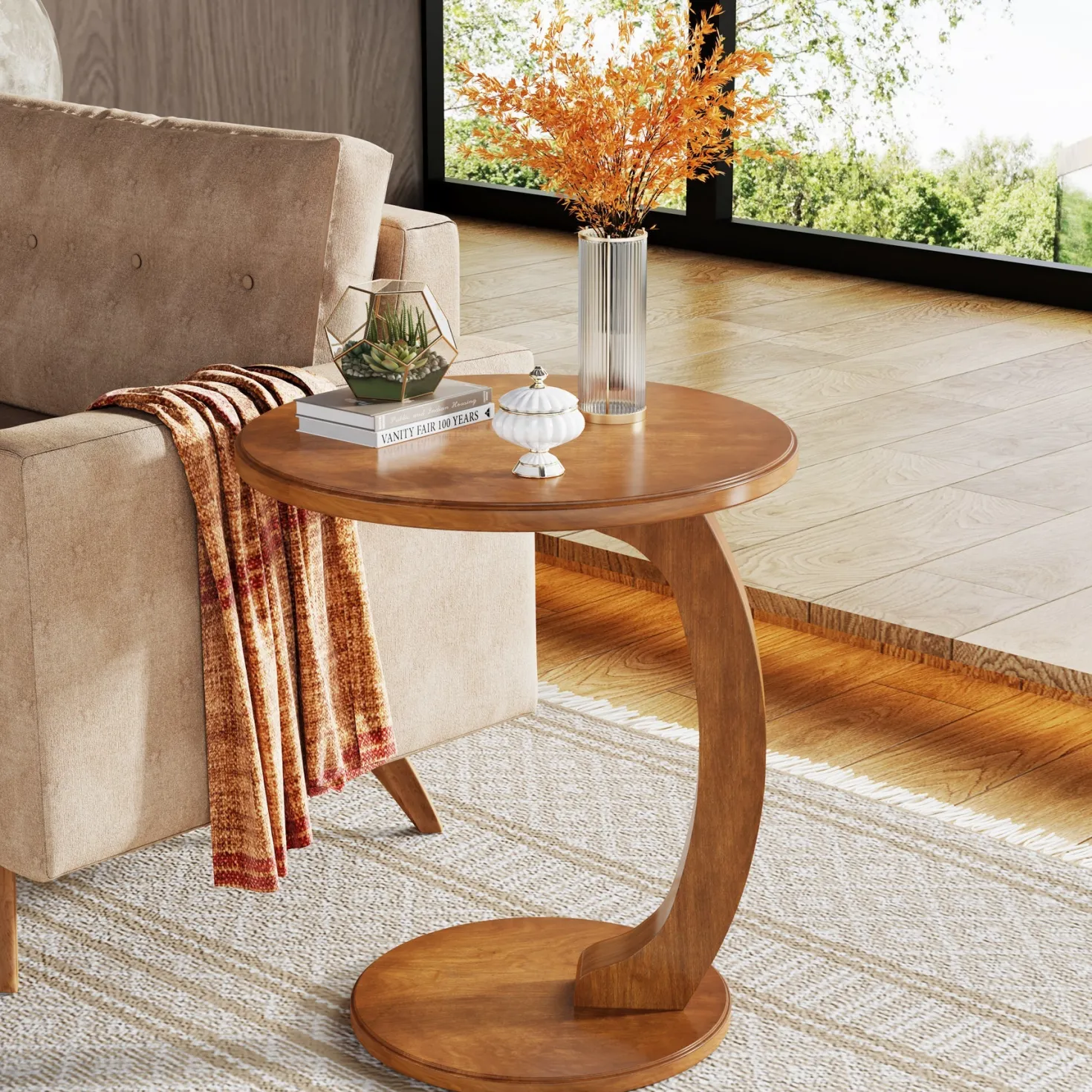 C-Shaped End Table, Round Sofa Side Table for Living Room
