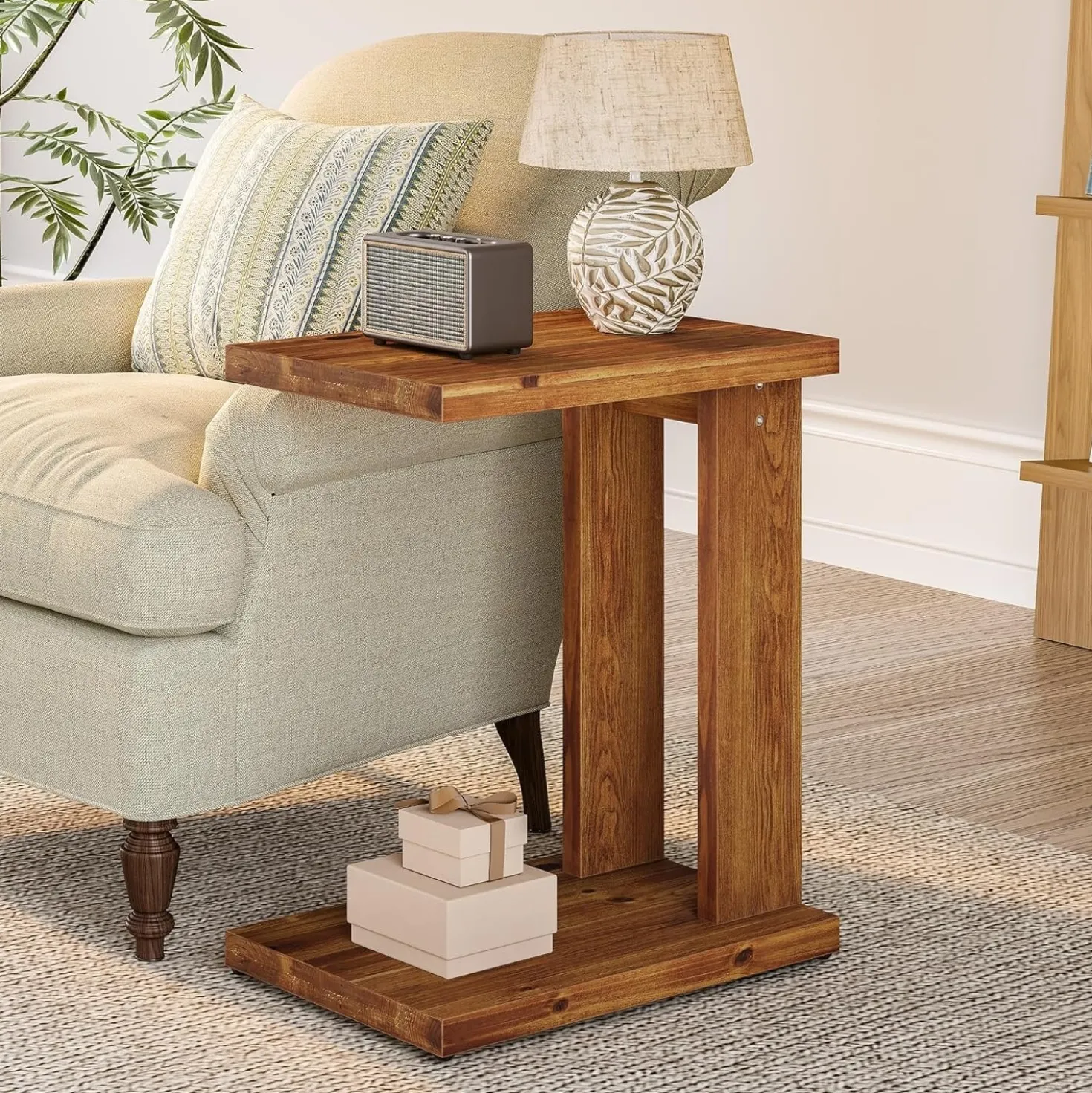 C-Shaped End Table, Wood 2-Tier Side Table Bedside Nightstand