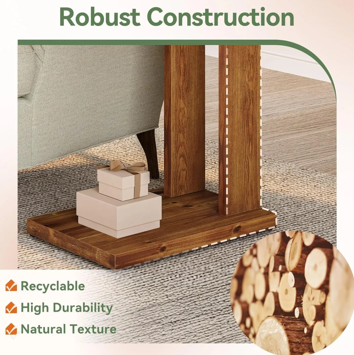 C-Shaped End Table, Wood 2-Tier Side Table Bedside Nightstand