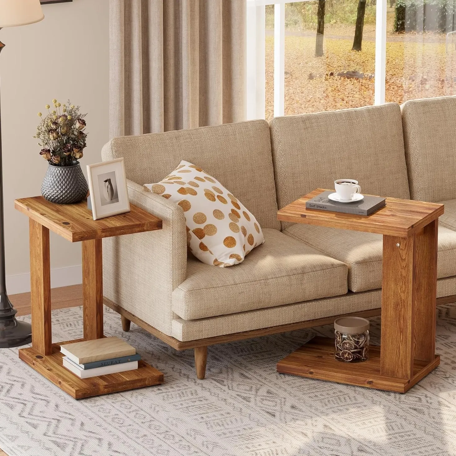 C-Shaped End Table, Wood 2-Tier Side Table Bedside Nightstand