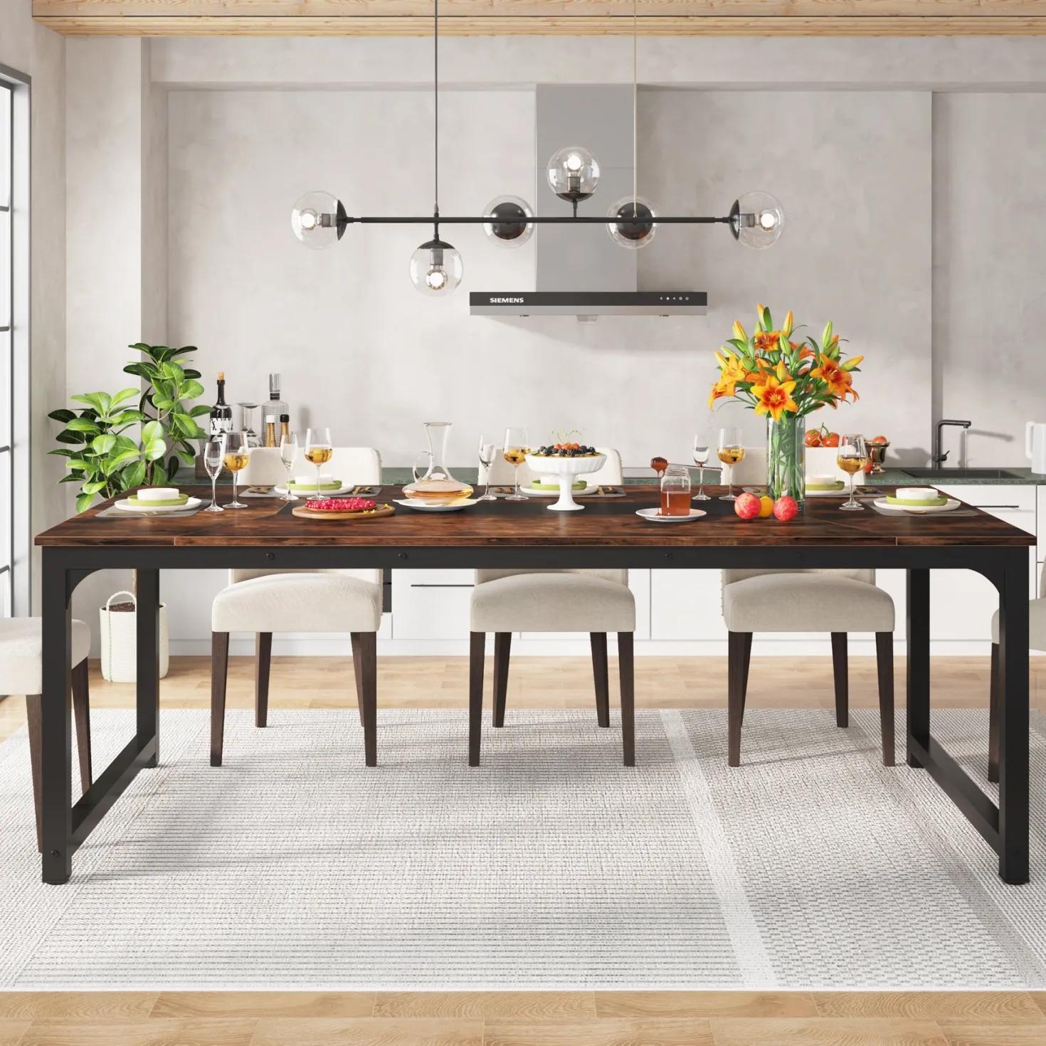 Dining Table for 6-8 Person, Industrial Kitchen Table with Metal Frame