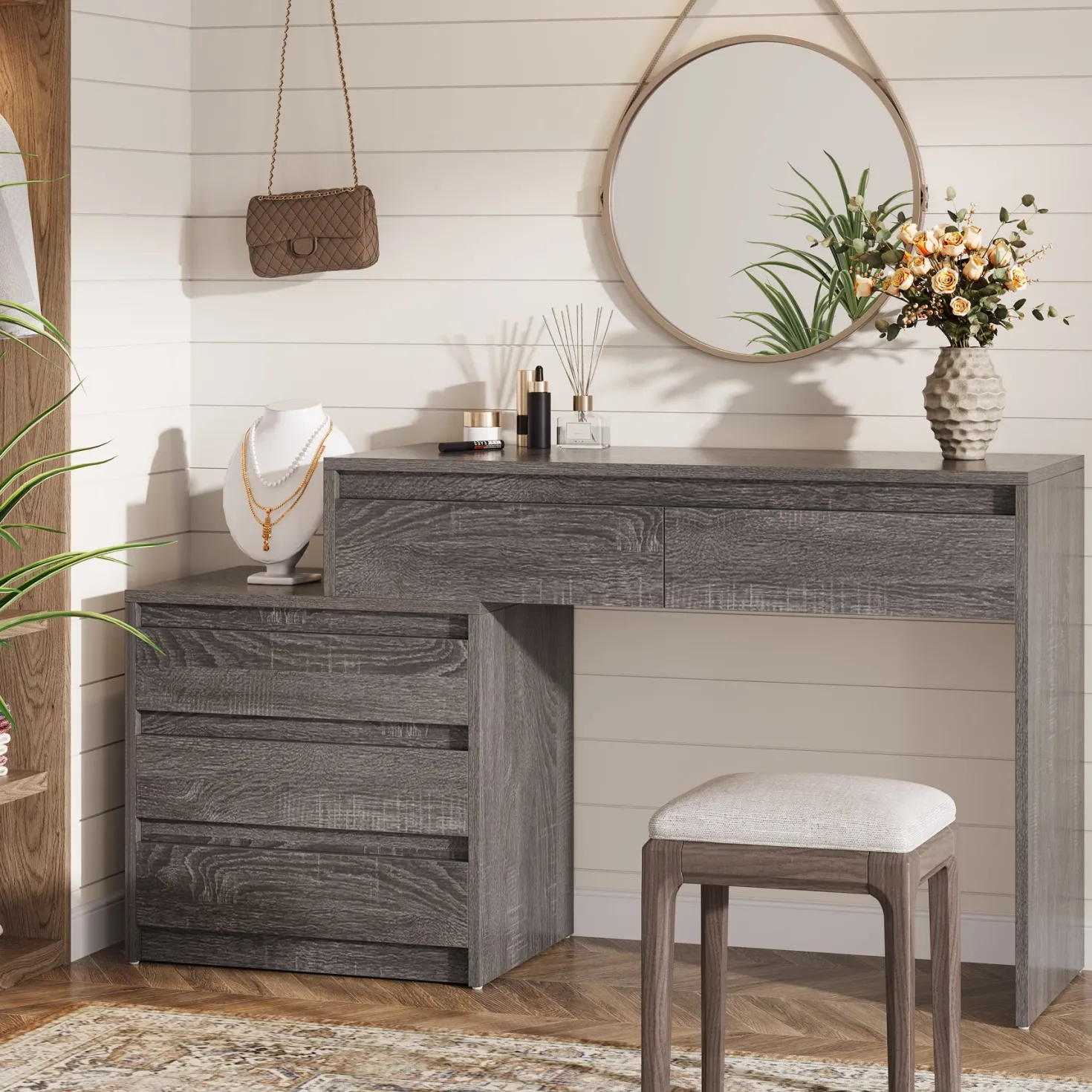 5-Drawer Makeup Vanity Desk, Modern Dressing Table with Cabinet