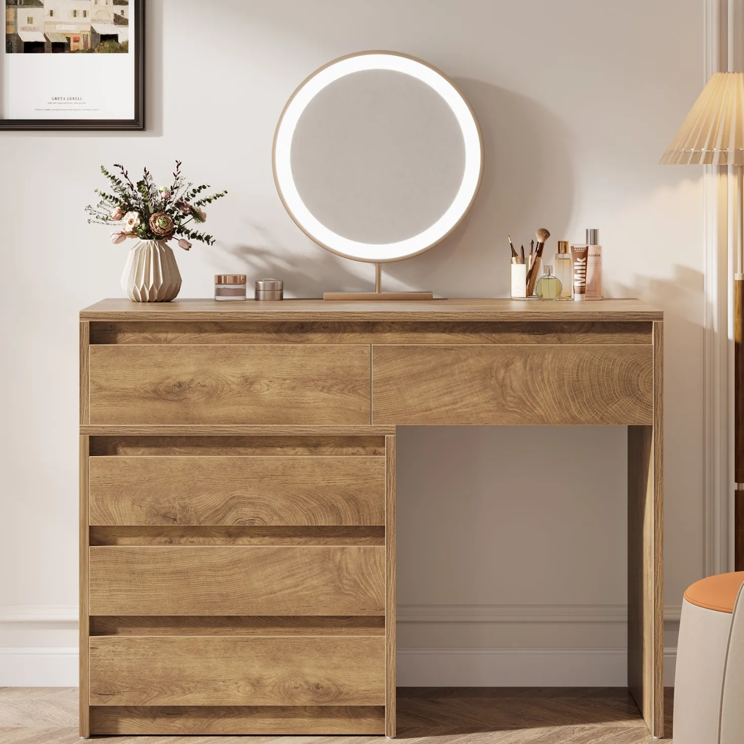 5-Drawer Makeup Vanity Desk, Modern Dressing Table with Cabinet