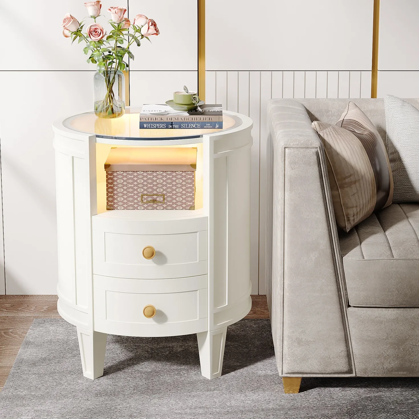 2-Drawer Nightstand with LED Light, Modern Side Table with Glass Tabletop