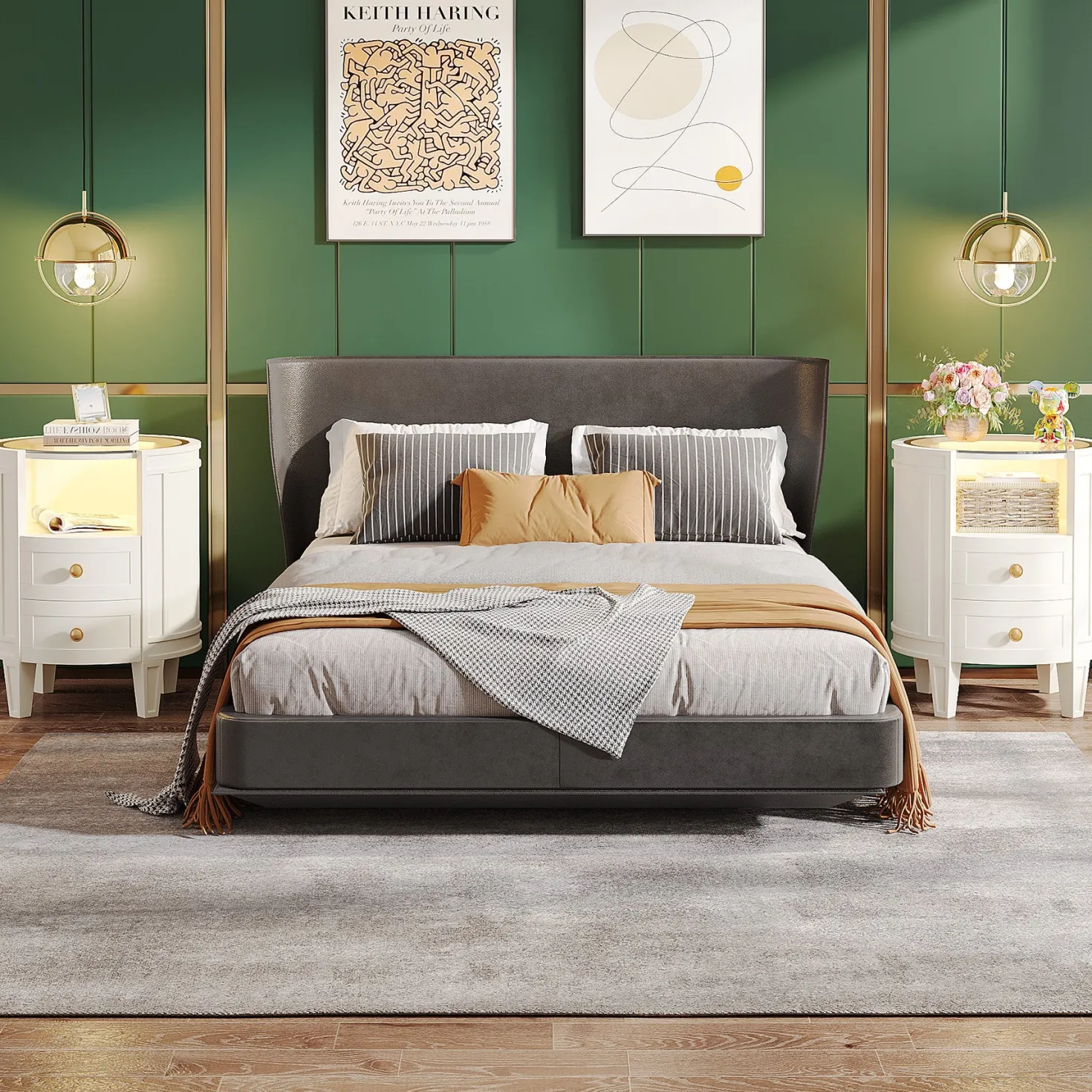 2-Drawer Nightstand with LED Light, Modern Side Table with Glass Tabletop