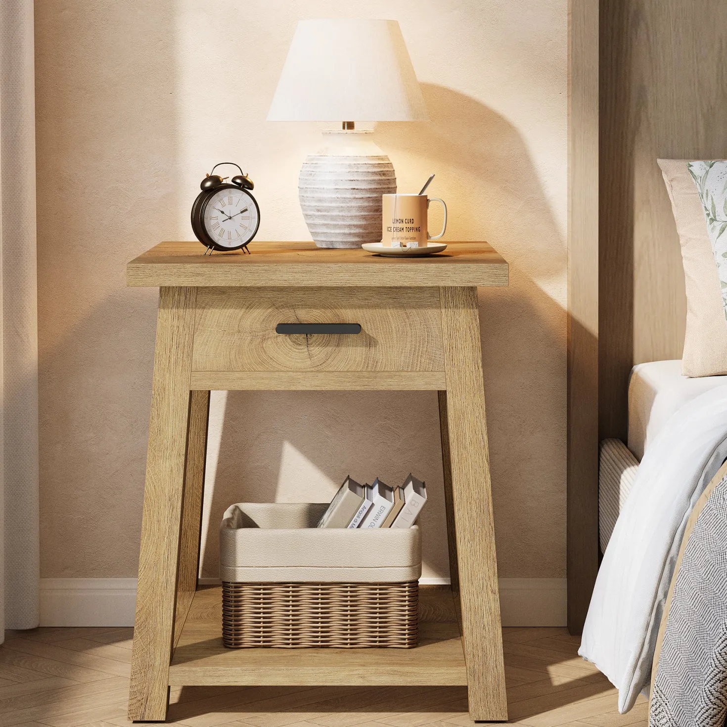 End Table with Drawer, 2 -Tier Wooden Side Table with Shelf Storage