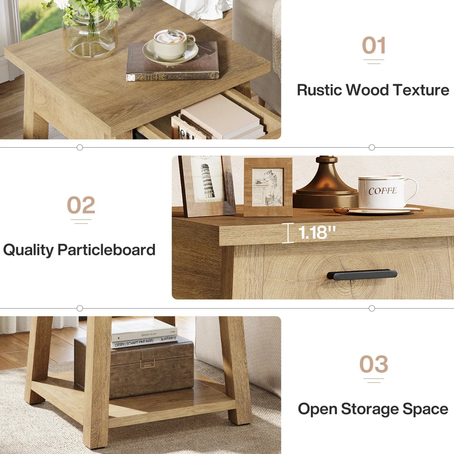 End Table with Drawer, 2 -Tier Wooden Side Table with Shelf Storage