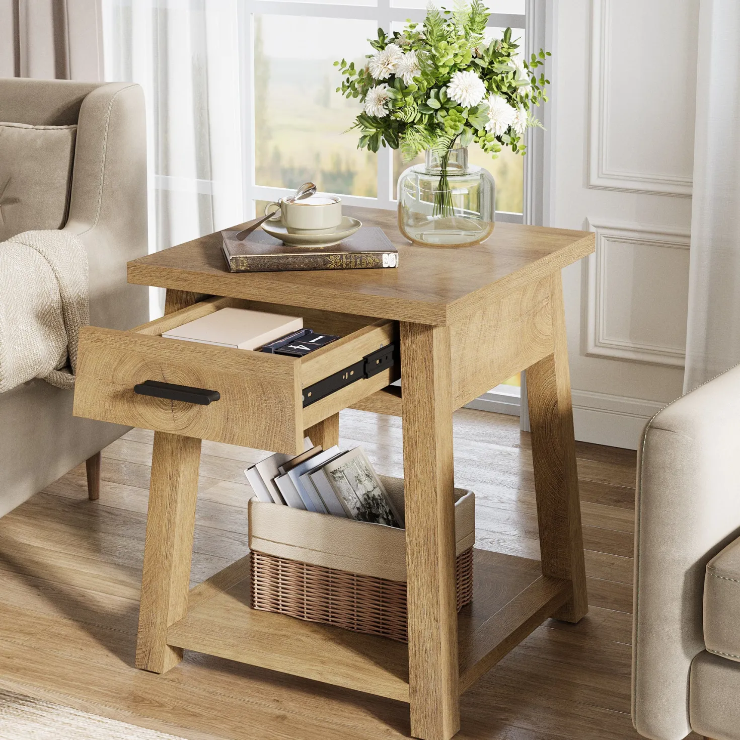 End Table with Drawer, 2 -Tier Wooden Side Table with Shelf Storage