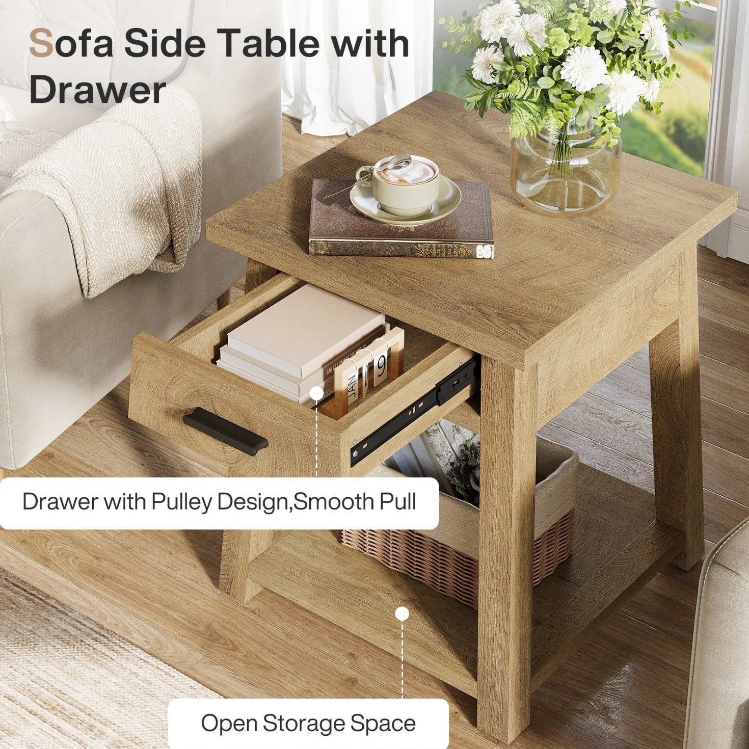 End Table with Drawer, 2 -Tier Wooden Side Table with Shelf Storage
