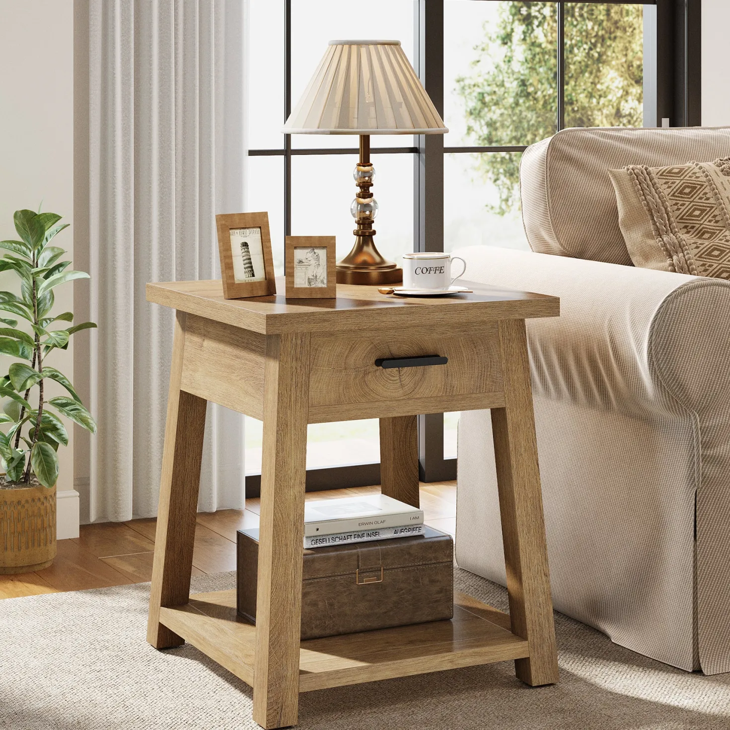 End Table with Drawer, 2 -Tier Wooden Side Table with Shelf Storage