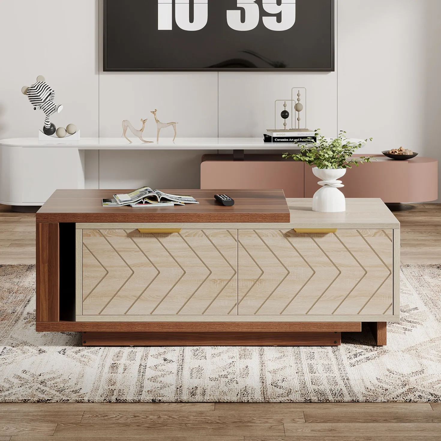 Extendable Coffee Table, Center Table Cocktail Table with 2 Storage Drawers