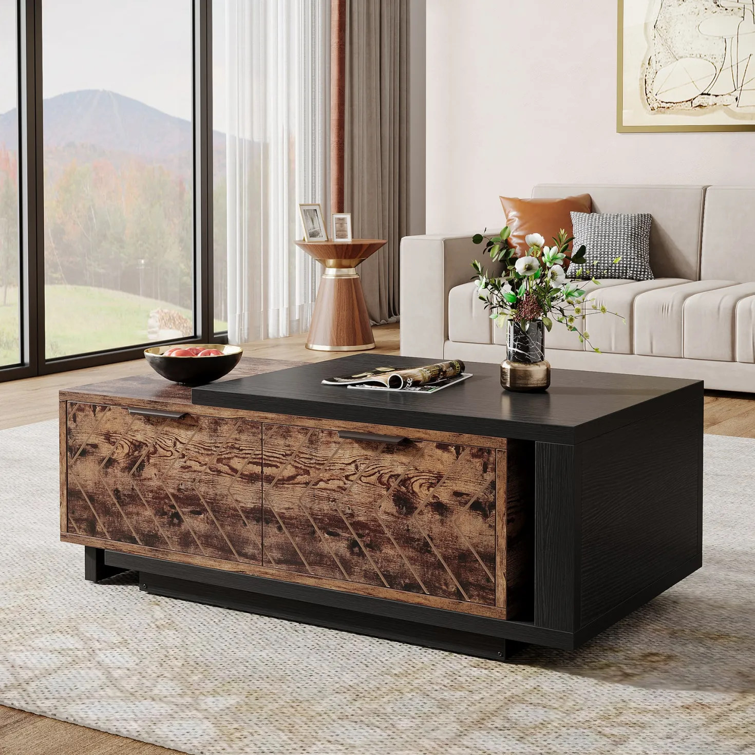 Extendable Coffee Table, Center Table Cocktail Table with 2 Storage Drawers