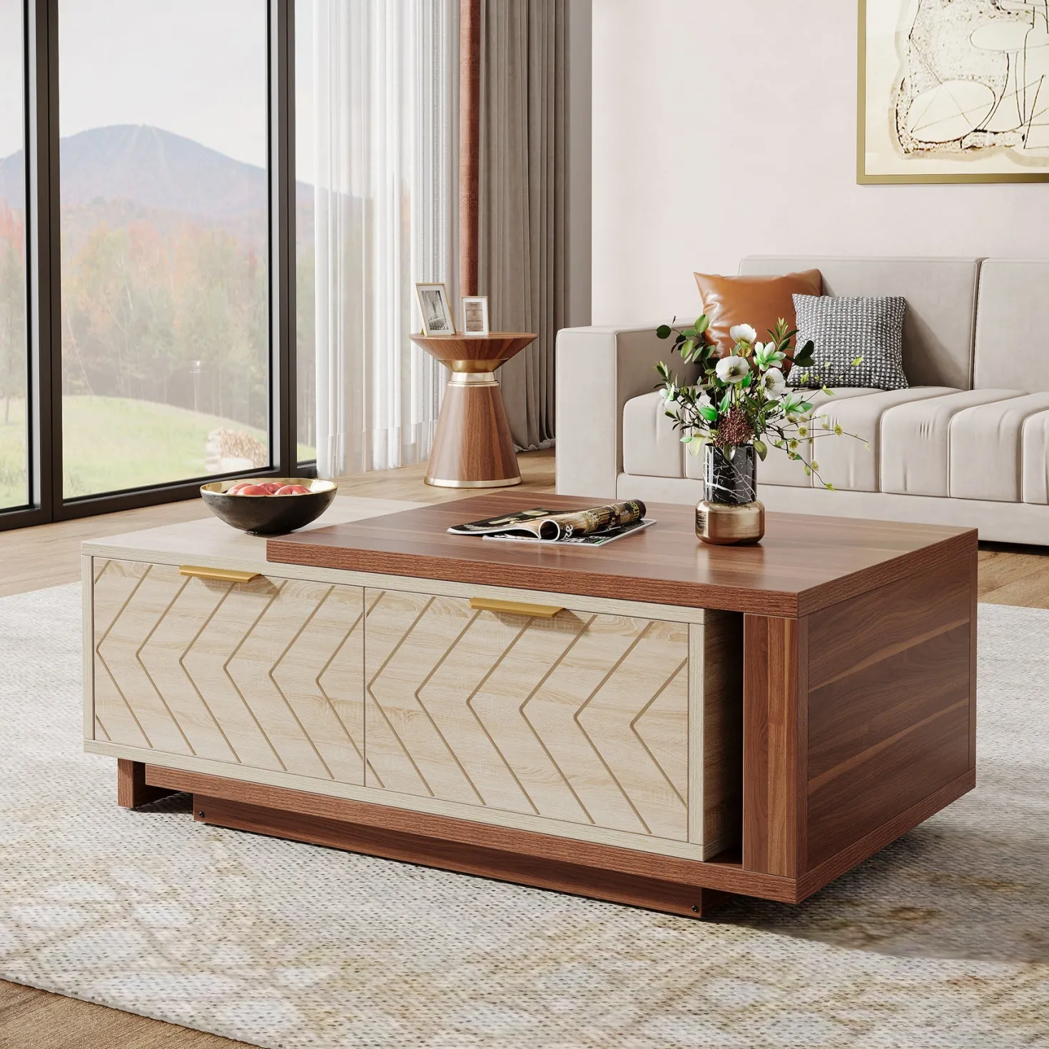 Extendable Coffee Table, Center Table Cocktail Table with 2 Storage Drawers