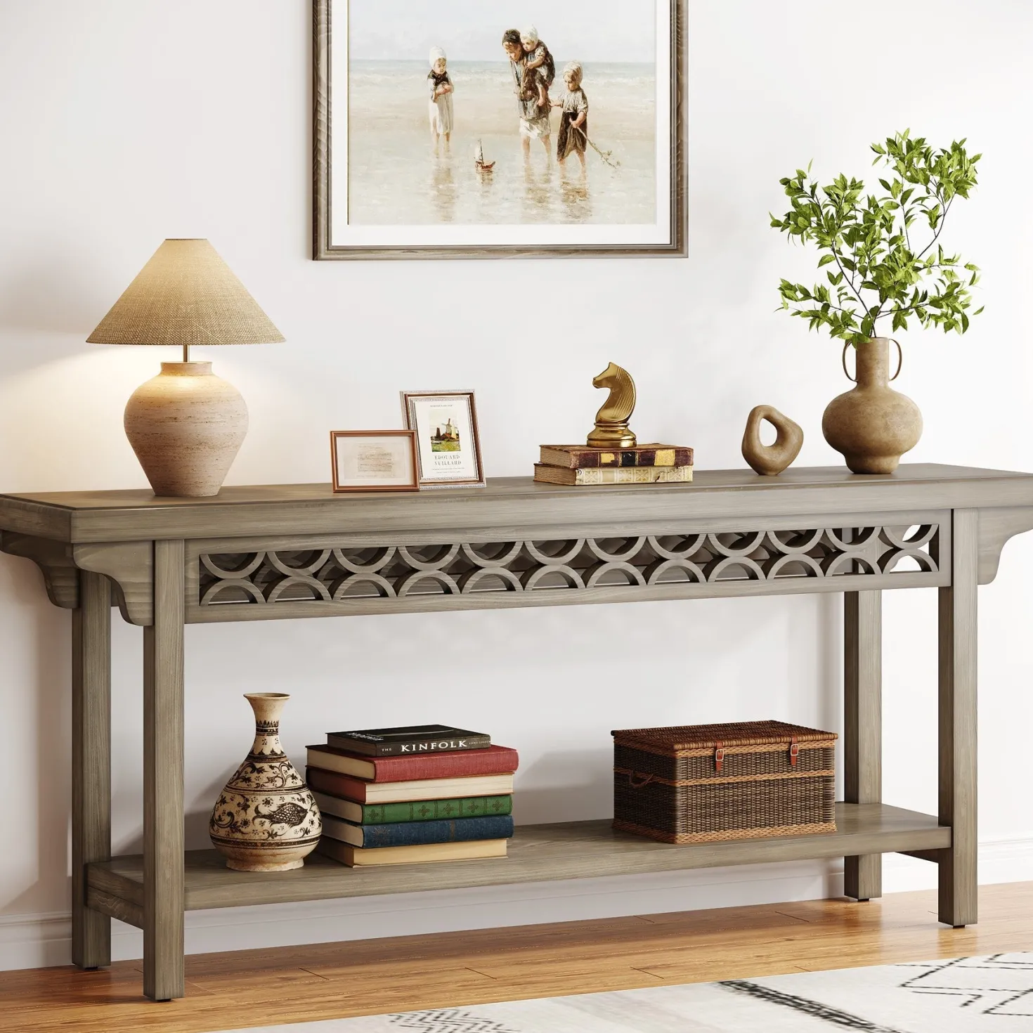 Farmhouse Console Table, 70.8" Narrow Wood Sofa Table with Storage