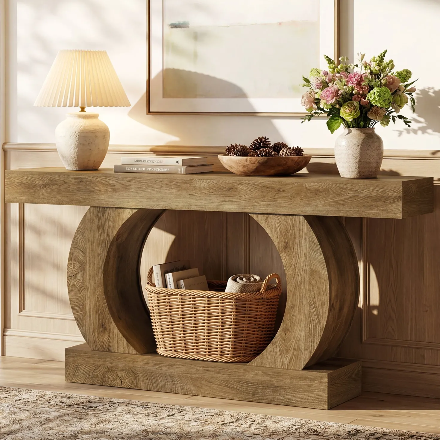 Farmhouse Console Table, 59" Entryway Table with Unique Circular Base for Hallway