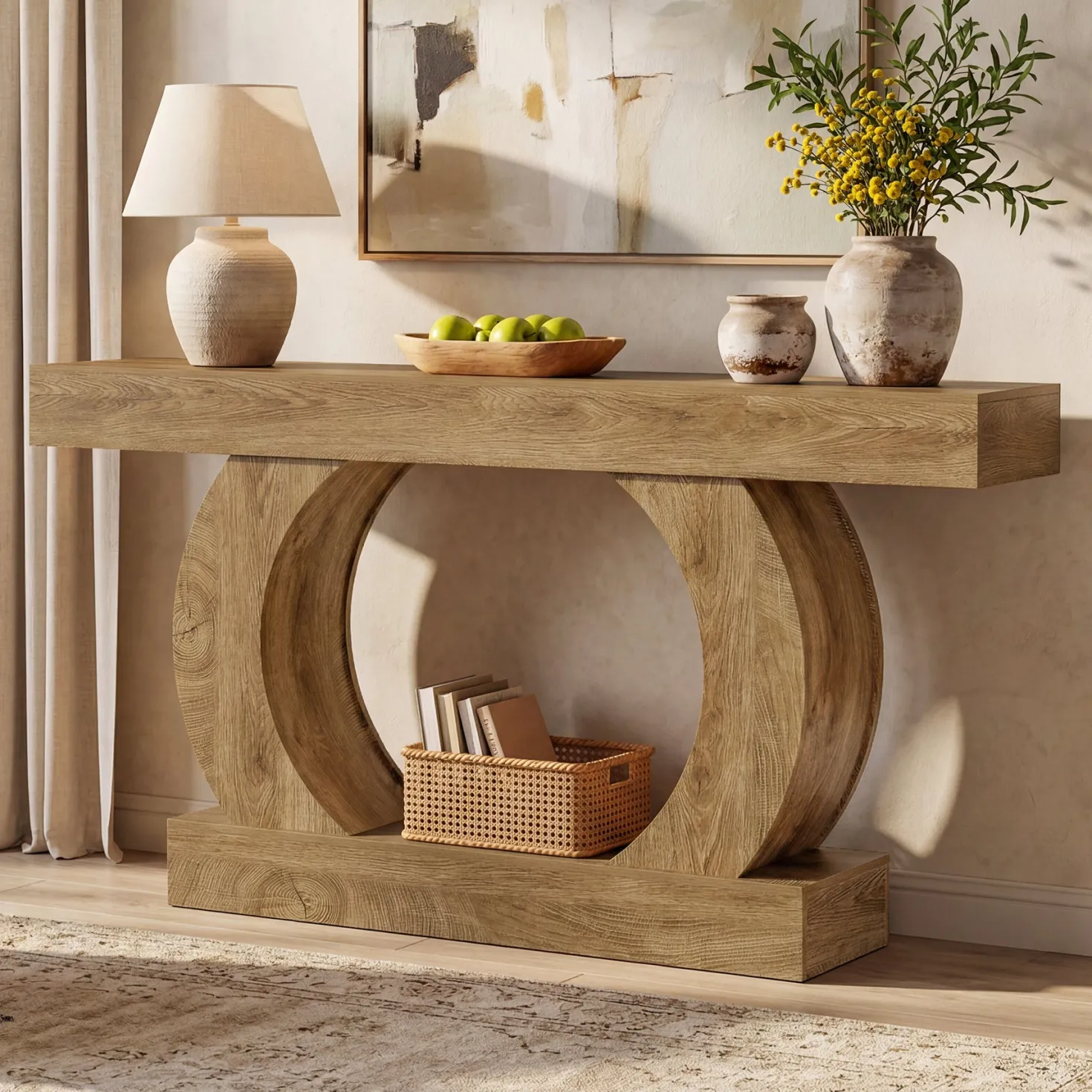 Farmhouse Console Table, 59" Entryway Table with Unique Circular Base for Hallway