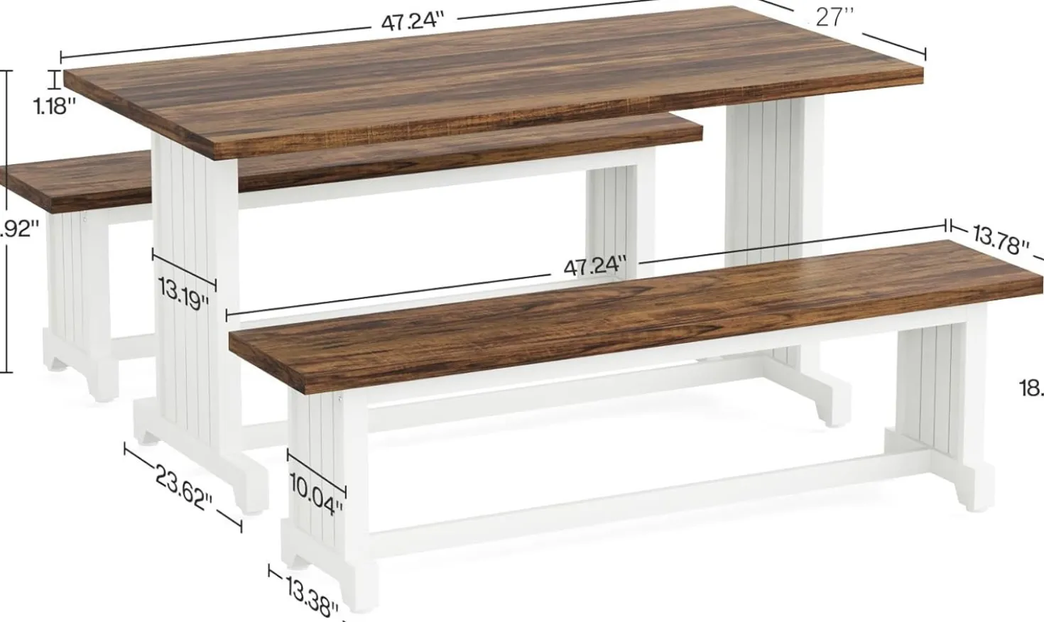 Farmhouse Dining Table Set, 47" Kitchen Table with 2 Benches
