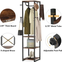 Freestanding Coat Rack, Industrial Corner Hall Tree with 4 Shelves 8 Hooks