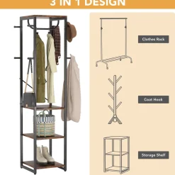 Freestanding Coat Rack, Industrial Corner Hall Tree with 4 Shelves 8 Hooks
