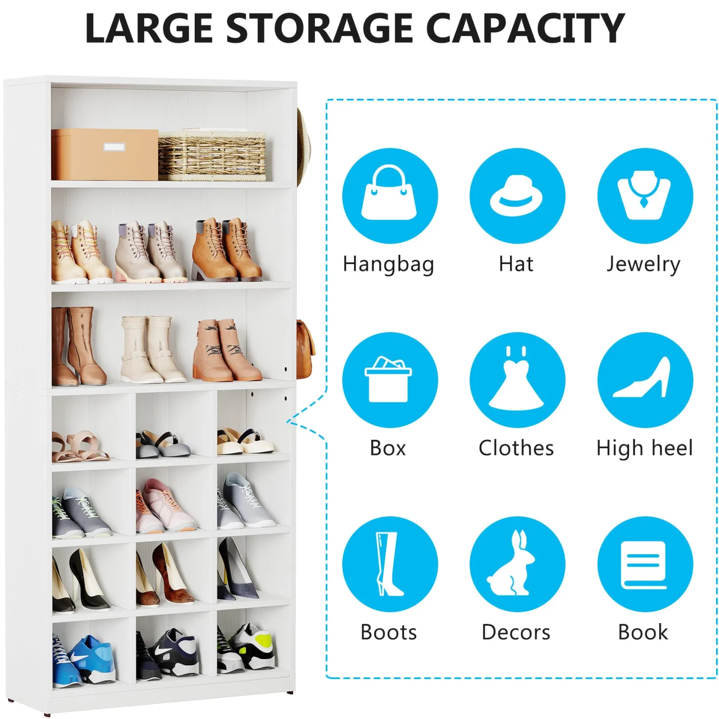 Freestanding Shoe Cabinet, 24 Pair Shoe Rack with Side Hooks