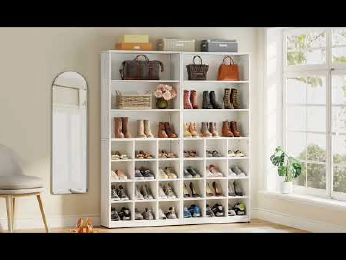 Freestanding Shoe Cabinet, 24 Pair Shoe Rack with Side Hooks