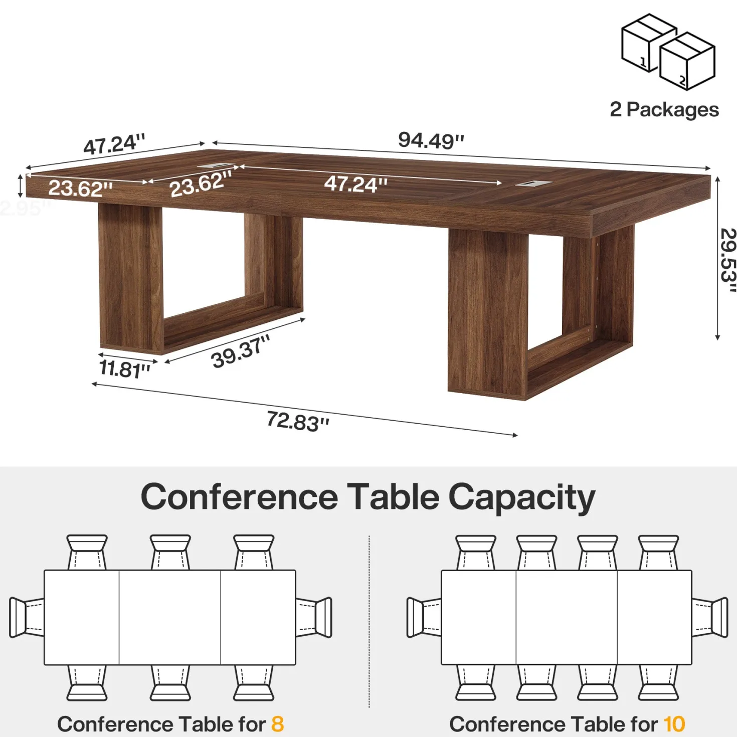 8FT Conference Table, 94.5" Meeting Table with 2 Cable Grommet for 8-10