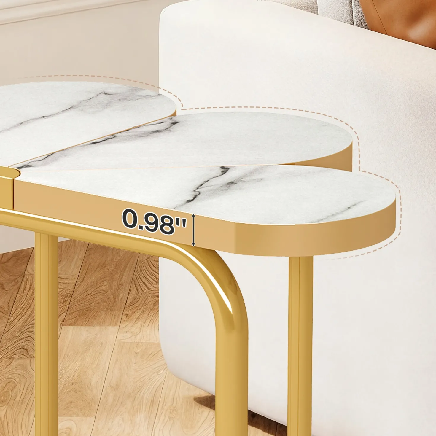 Half-Flower End Table, Faux Marble Side Table with Gold Frame