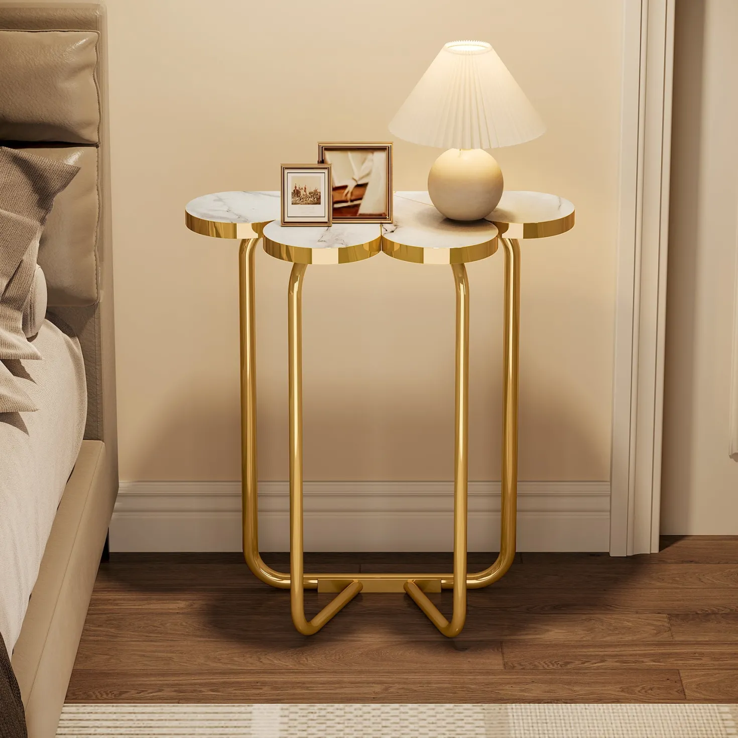 Half-Flower End Table, Faux Marble Side Table with Gold Frame