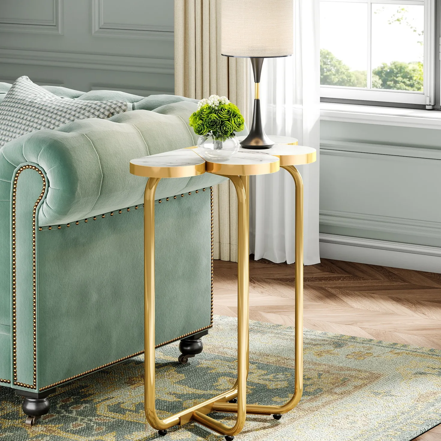 Half-Flower End Table, Faux Marble Side Table with Gold Frame
