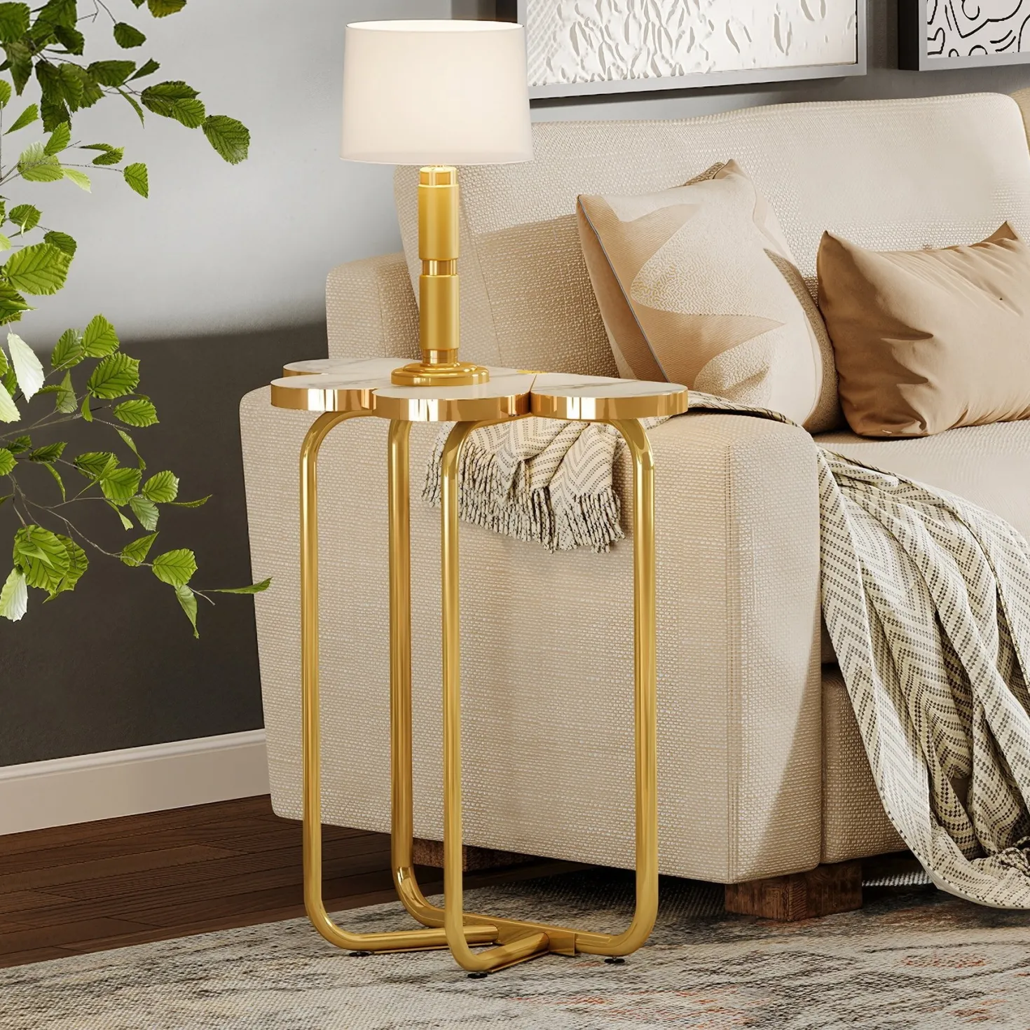 Half-Flower End Table, Faux Marble Side Table with Gold Frame