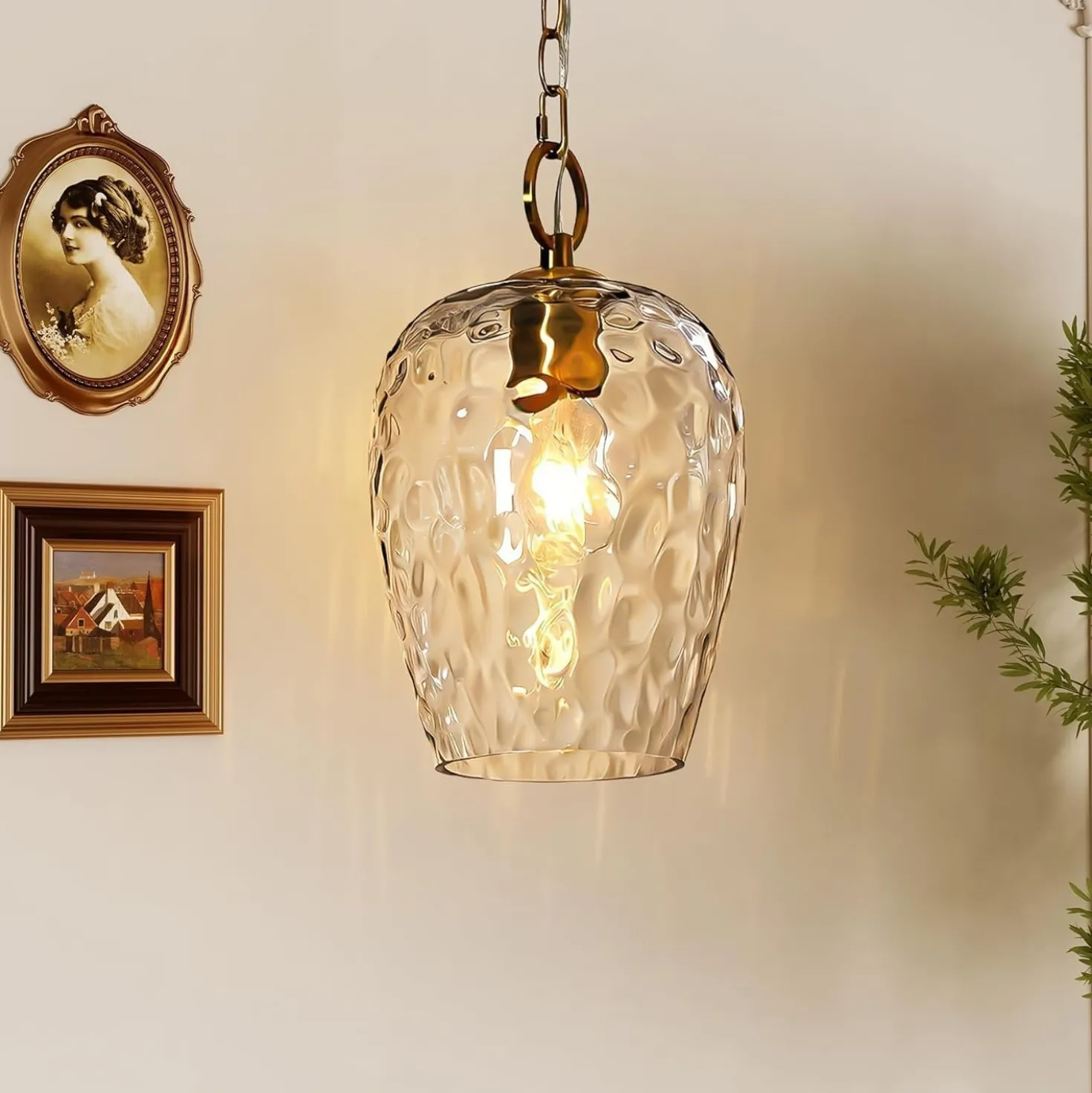 Hammered Glass Pendant Light, Rippled Hanging Light with Adjustable 60-Inch Chain
