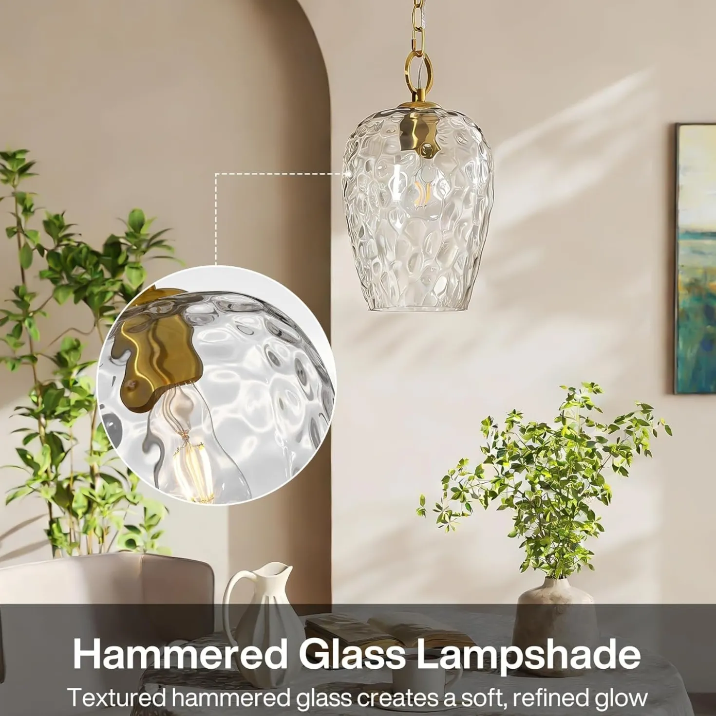 Hammered Glass Pendant Light, Rippled Hanging Light with Adjustable 60-Inch Chain