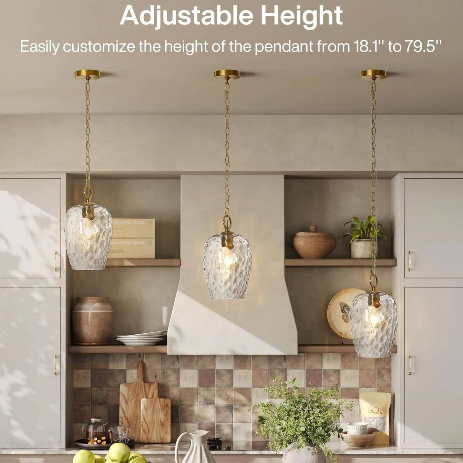 Hammered Glass Pendant Light, Rippled Hanging Light with Adjustable 60-Inch Chain