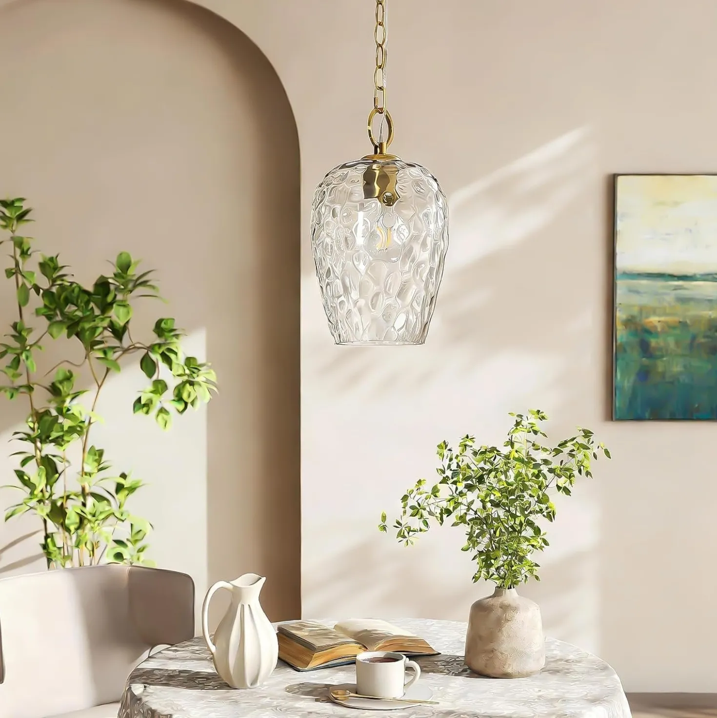 Hammered Glass Pendant Light, Rippled Hanging Light with Adjustable 60-Inch Chain