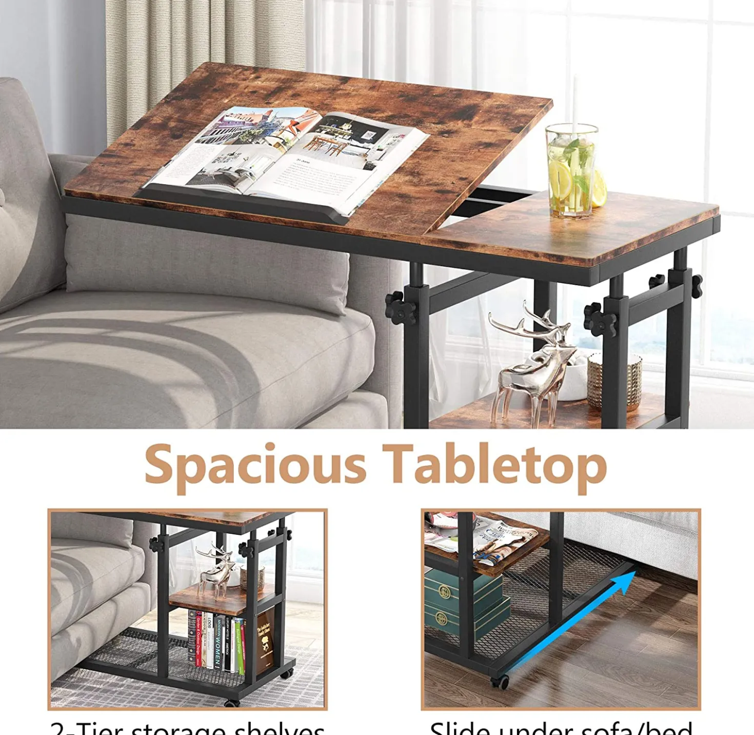 Height Adjustable C Table, Mobile Side Table with Tiltable Drawing Board