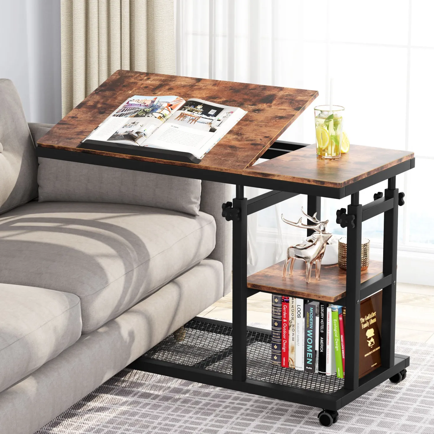 Height Adjustable C Table, Mobile Side Table with Tiltable Drawing Board