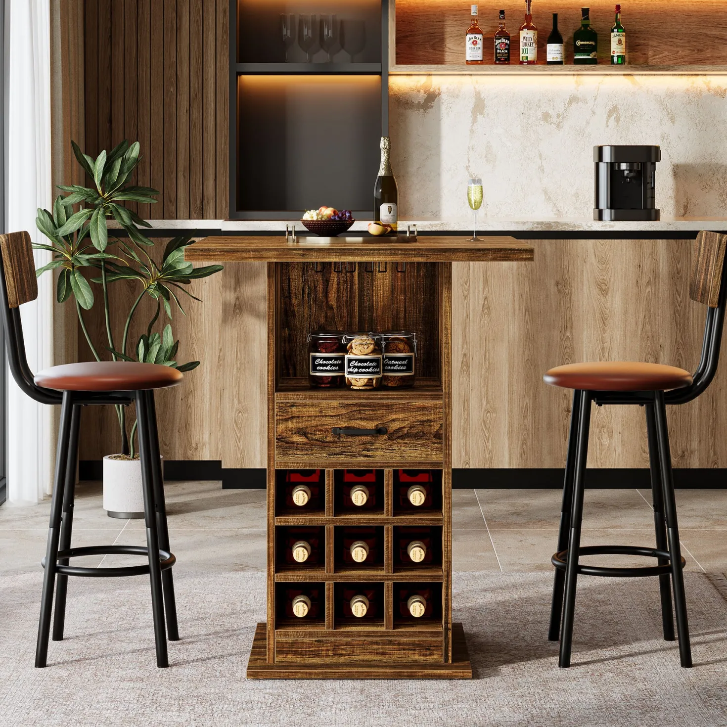 Home Bar Unit, Square Liquor Bar Cabinet with Storage Drawer and Wine Rack