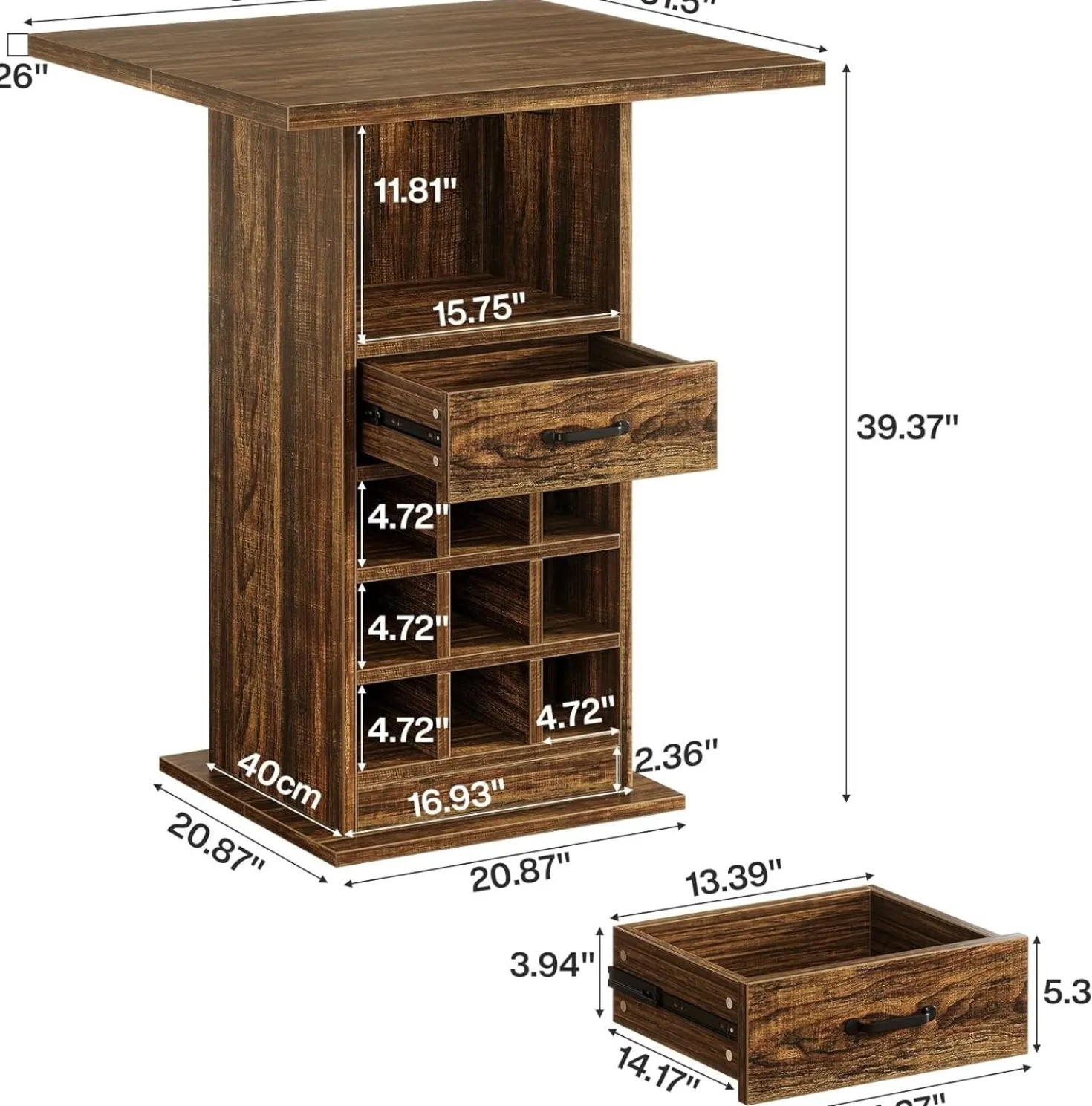 Home Bar Unit, Square Liquor Bar Cabinet with Storage Drawer and Wine Rack