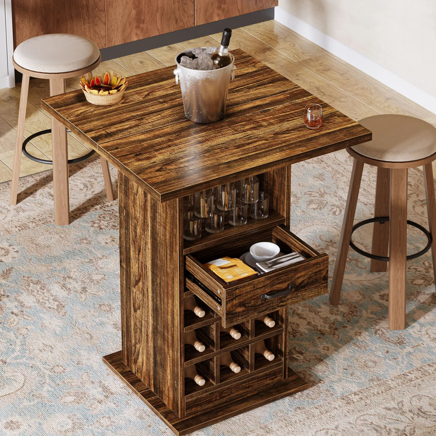 Home Bar Unit, Square Liquor Bar Cabinet with Storage Drawer and Wine Rack